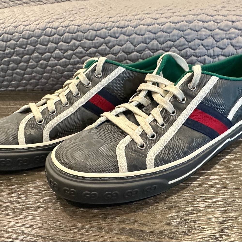 Gucci Gray Sneakers with Red and Blue Stripes